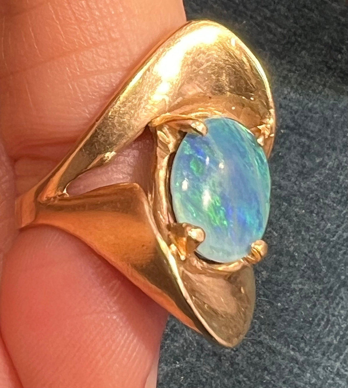 14k Yellow Gold Australian Black Opal Triplet Modernist Ring. 1" + 7.3g