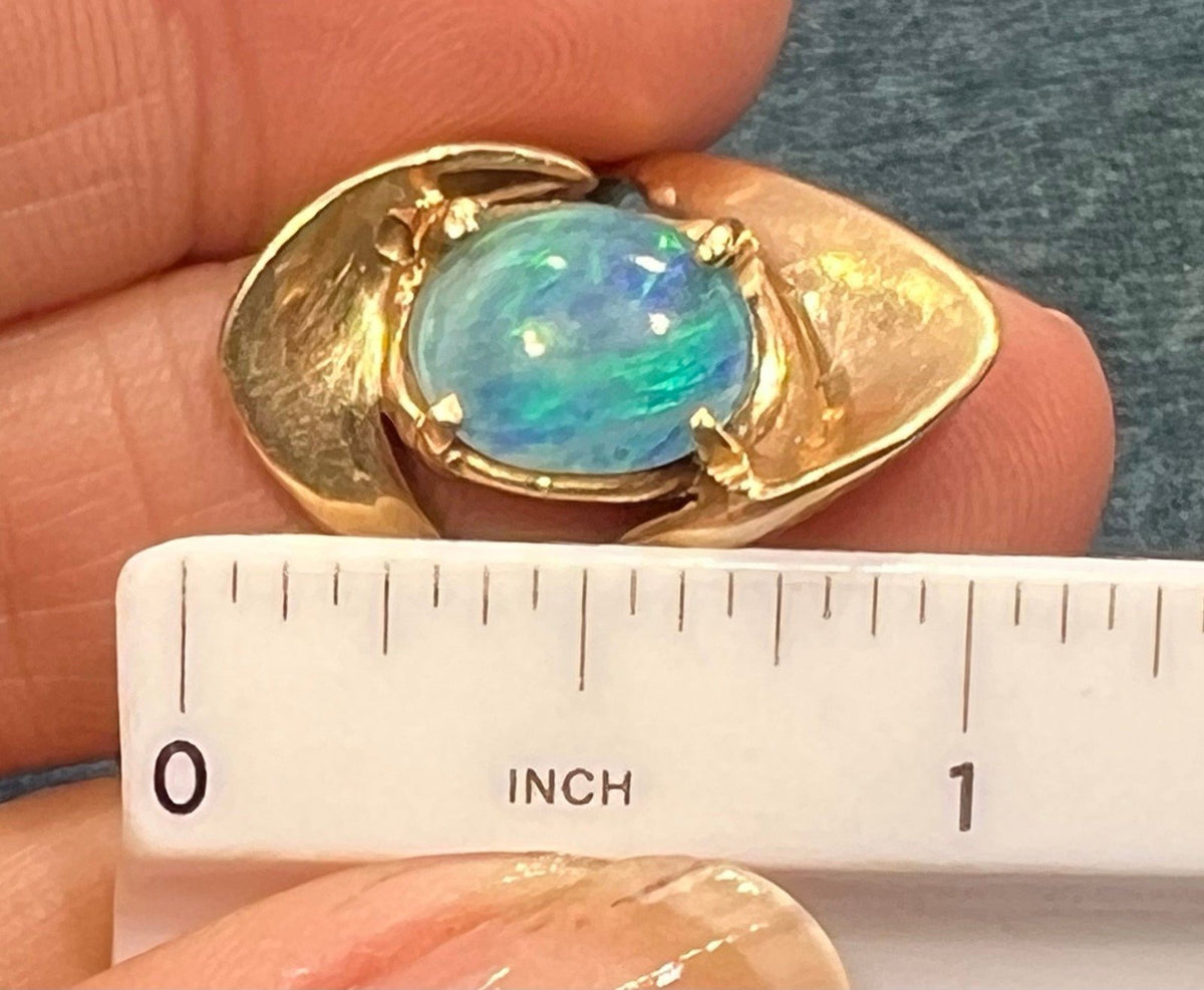 14k Yellow Gold Australian Black Opal Triplet Modernist Ring. 1" + 7.3g