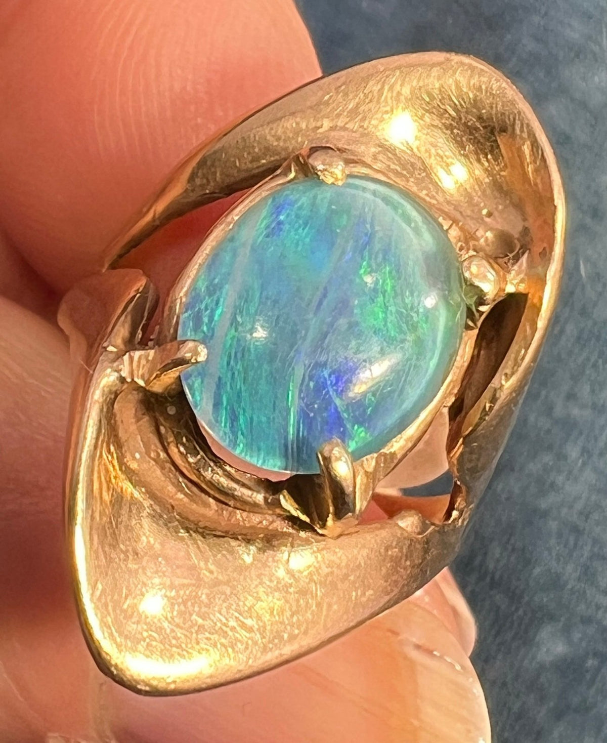 14k Yellow Gold Australian Black Opal Triplet Modernist Ring. 1" + 7.3g