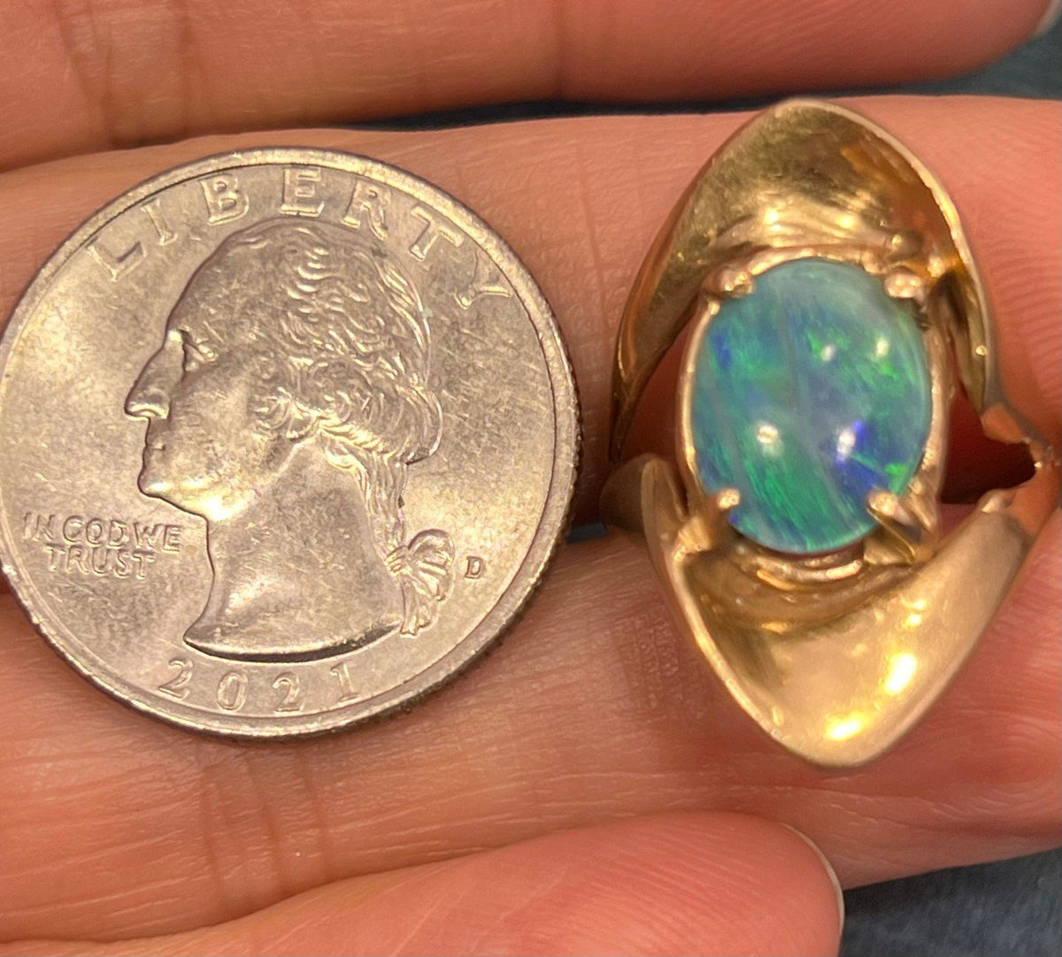 14k Yellow Gold Australian Black Opal Triplet Modernist Ring. 1" + 7.3g