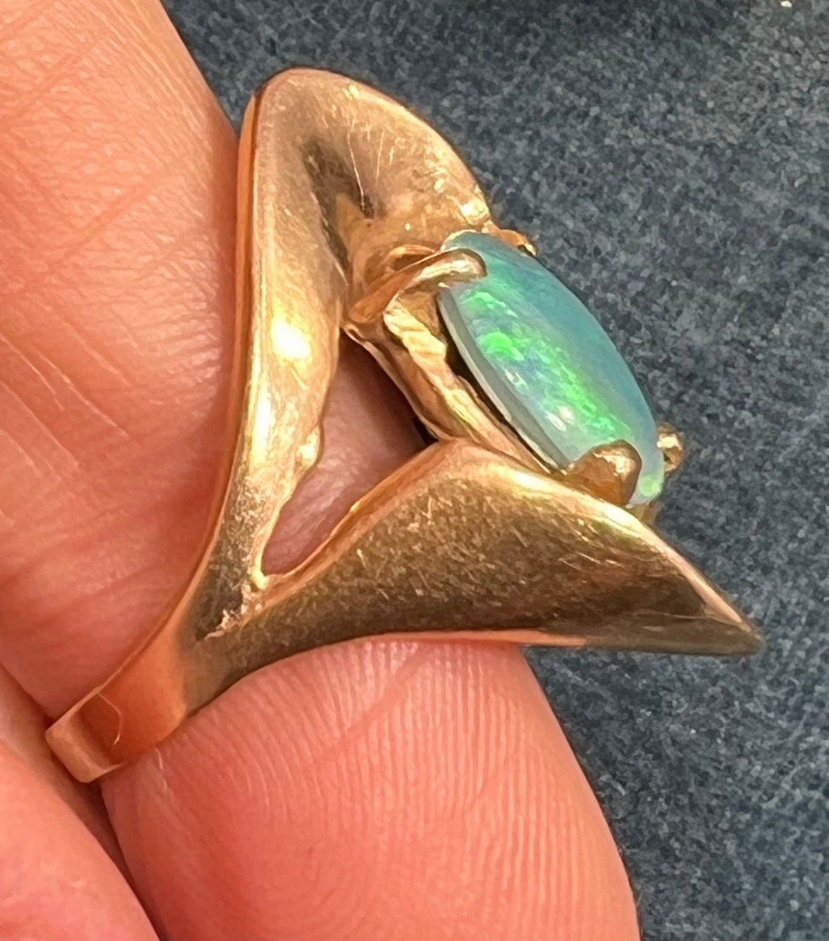 14k Yellow Gold Australian Black Opal Triplet Modernist Ring. 1" + 7.3g