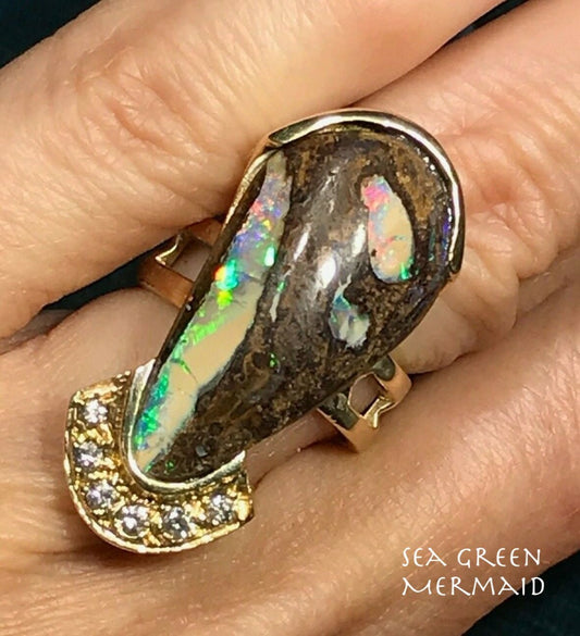 14k Yellow Gold Australian Boulder Opal Diamond Ring**VIDEO**