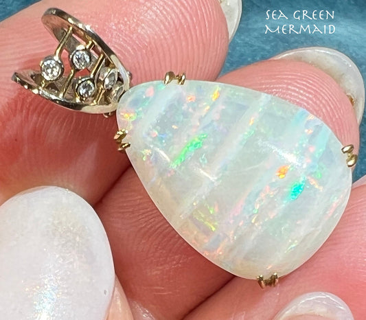 14k Yellow Gold Australian Opal Teardrop Pendant w Diamonds *Video*