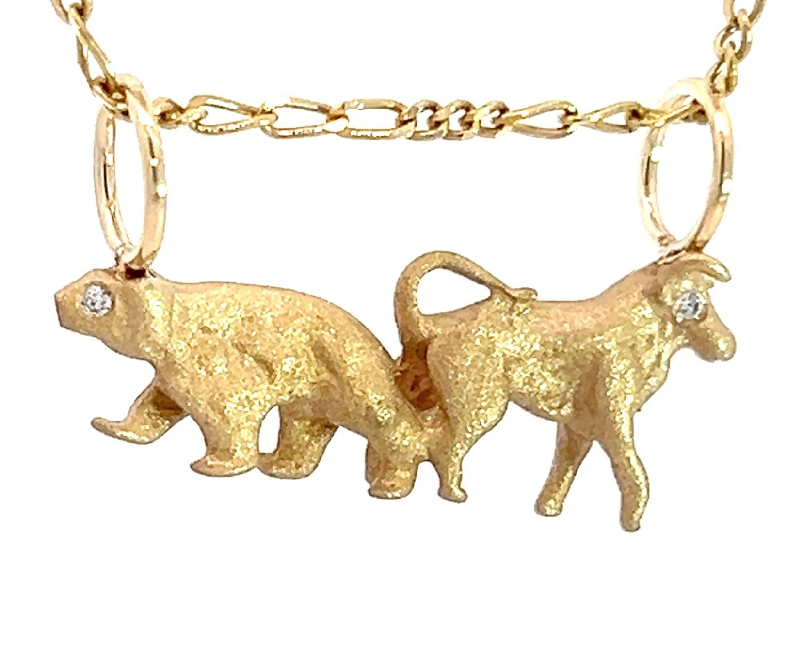 14k Yellow Gold BULL + BEAR Pendant w Diamond Eyes *Video*