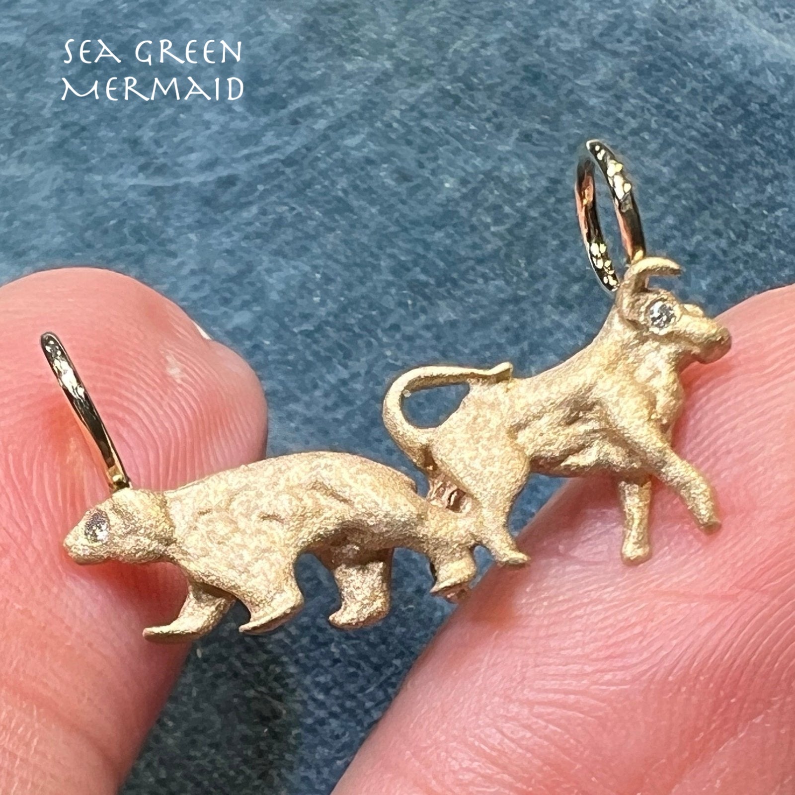 14k Yellow Gold BULL + BEAR Pendant w Diamond Eyes *Video*