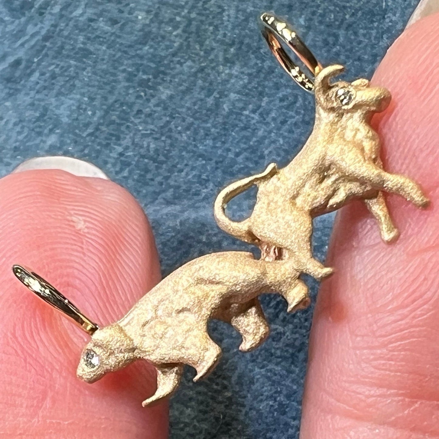 14k Yellow Gold BULL + BEAR Pendant w Diamond Eyes *Video*