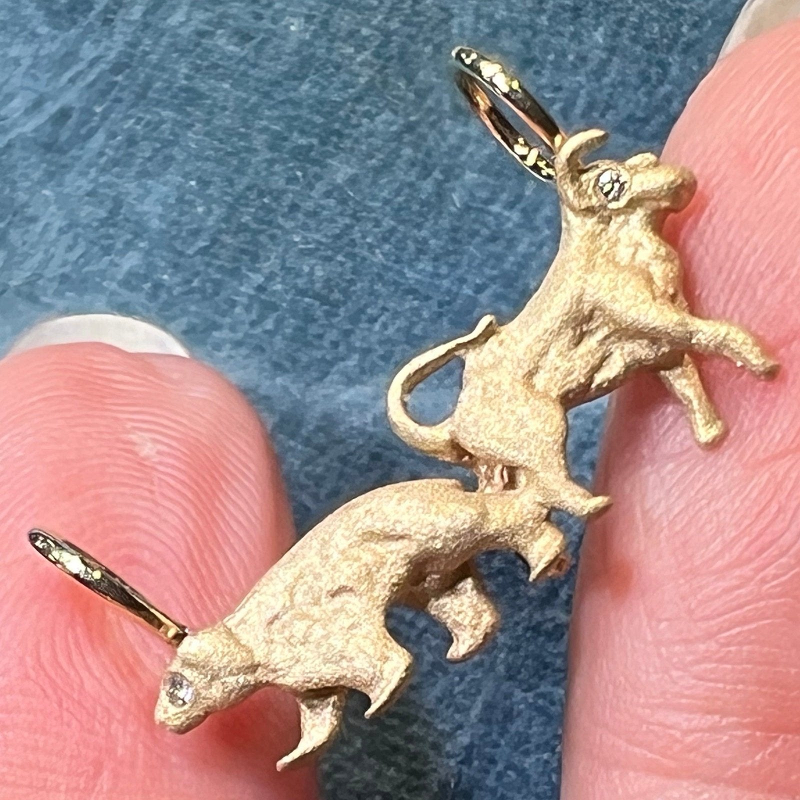 14k Yellow Gold BULL + BEAR Pendant w Diamond Eyes *Video*