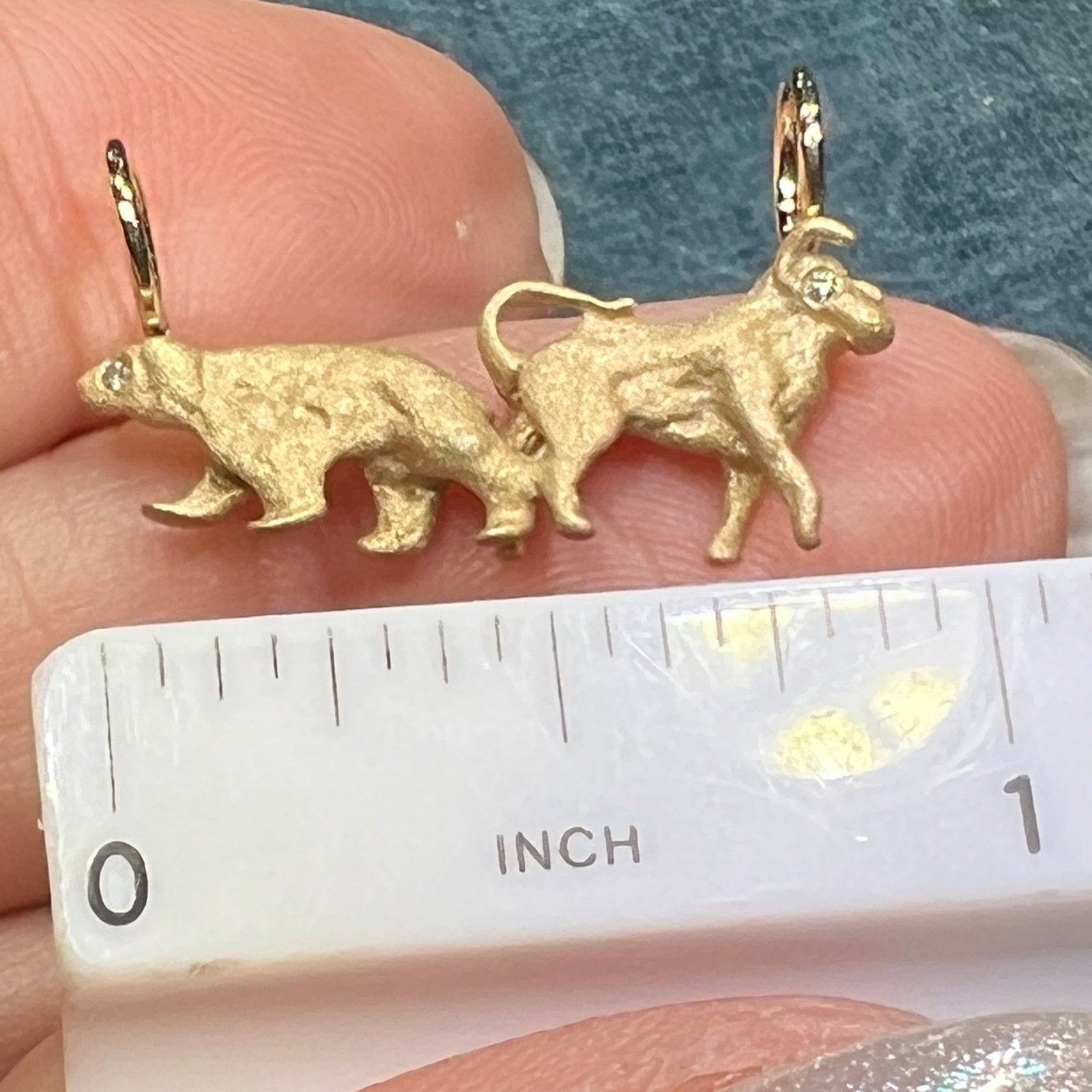 14k Yellow Gold BULL + BEAR Pendant w Diamond Eyes *Video*