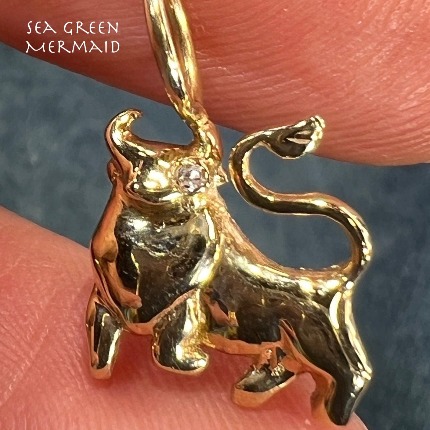 14k Yellow Gold BULL Pendant w Diamond Eye. Teeny!