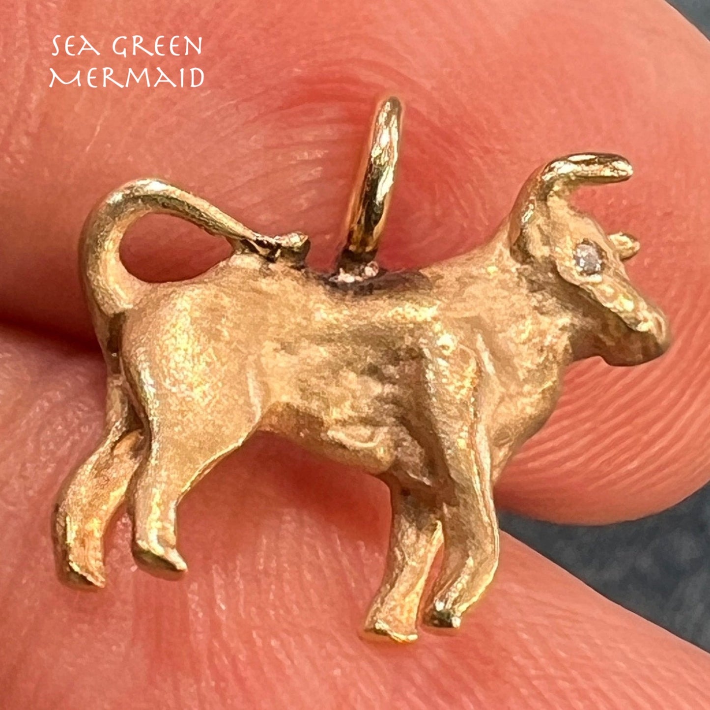 14k Yellow Gold BULL or OX Pendant w Diamond Eye. Teeny!