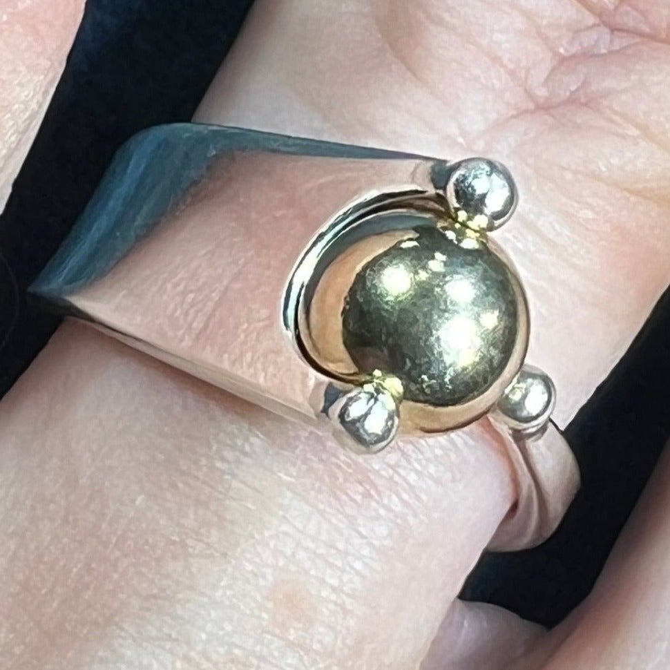 14k Yellow Gold Ball + Wide Silver Ring. Modernist