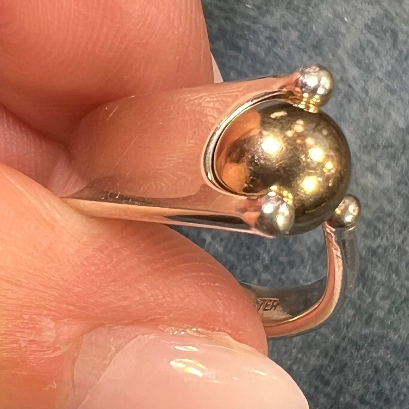 14k Yellow Gold Ball + Wide Silver Ring. Modernist