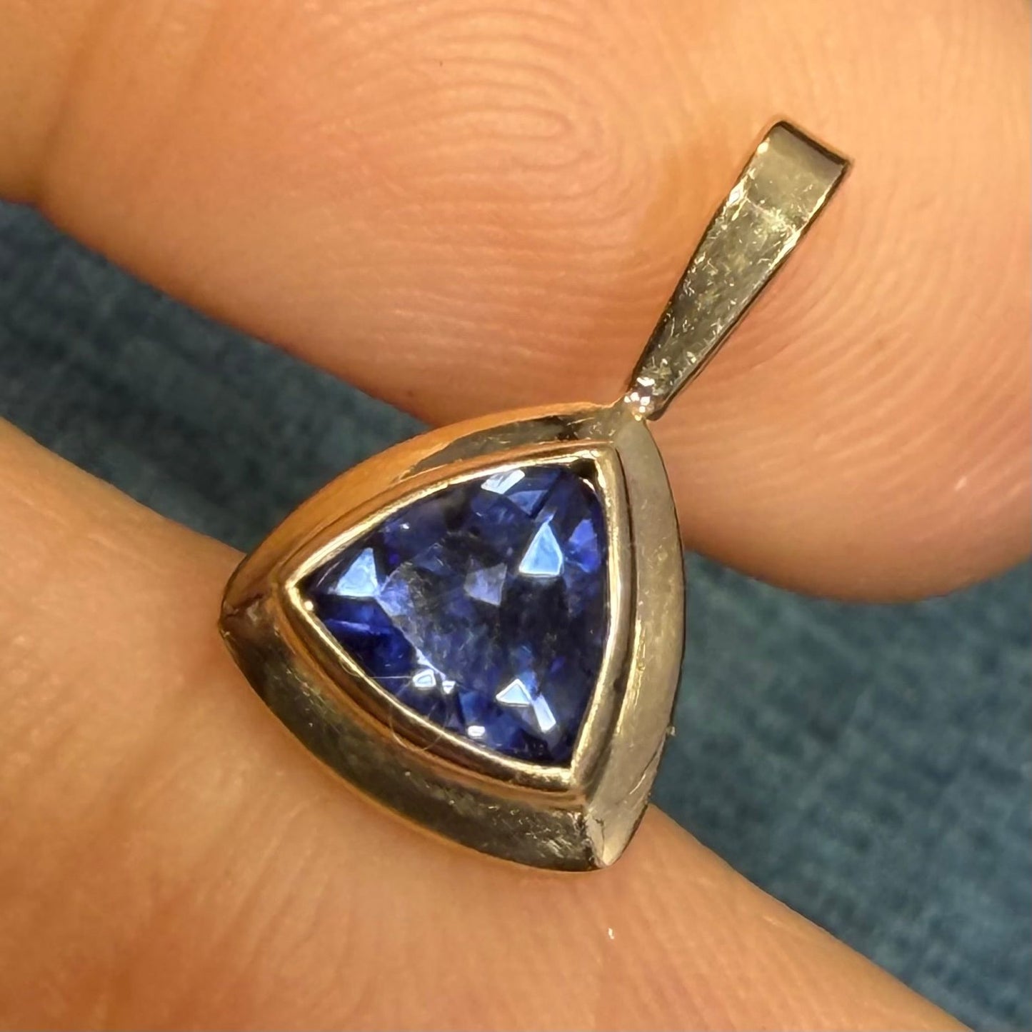 14k Yellow Gold Blue Lab-Created Sapphire Pendant. Trillion Bezel