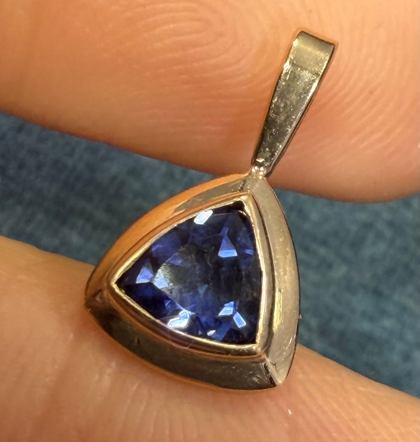 14k Yellow Gold Blue Lab-Created Sapphire Pendant. Trillion Bezel