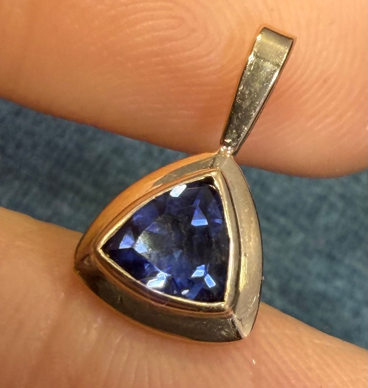 14k Yellow Gold Blue Lab-Created Sapphire Pendant. Trillion Bezel