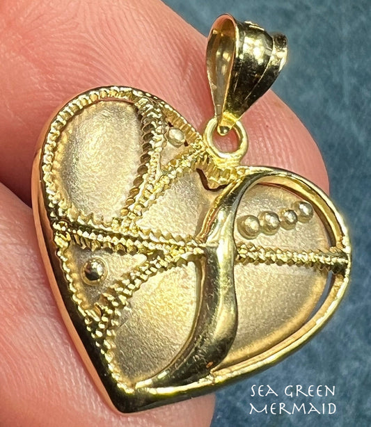 14k Yellow Gold Brocade Embellished HEART Pendant. 1"