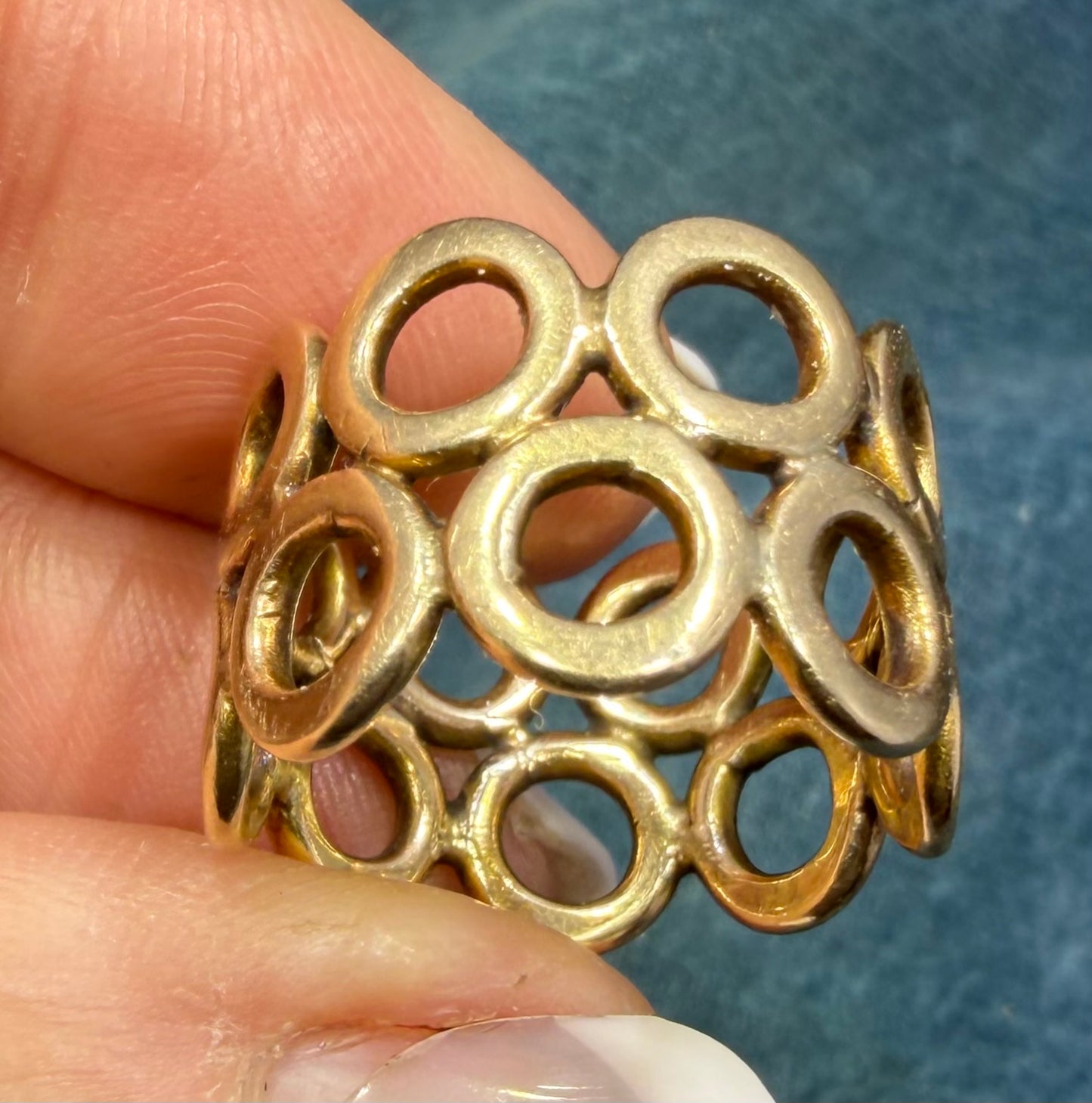 14k Yellow Gold CIRCLES Eternity Band Ring. 7.4g + 13mm 1/2" Wide