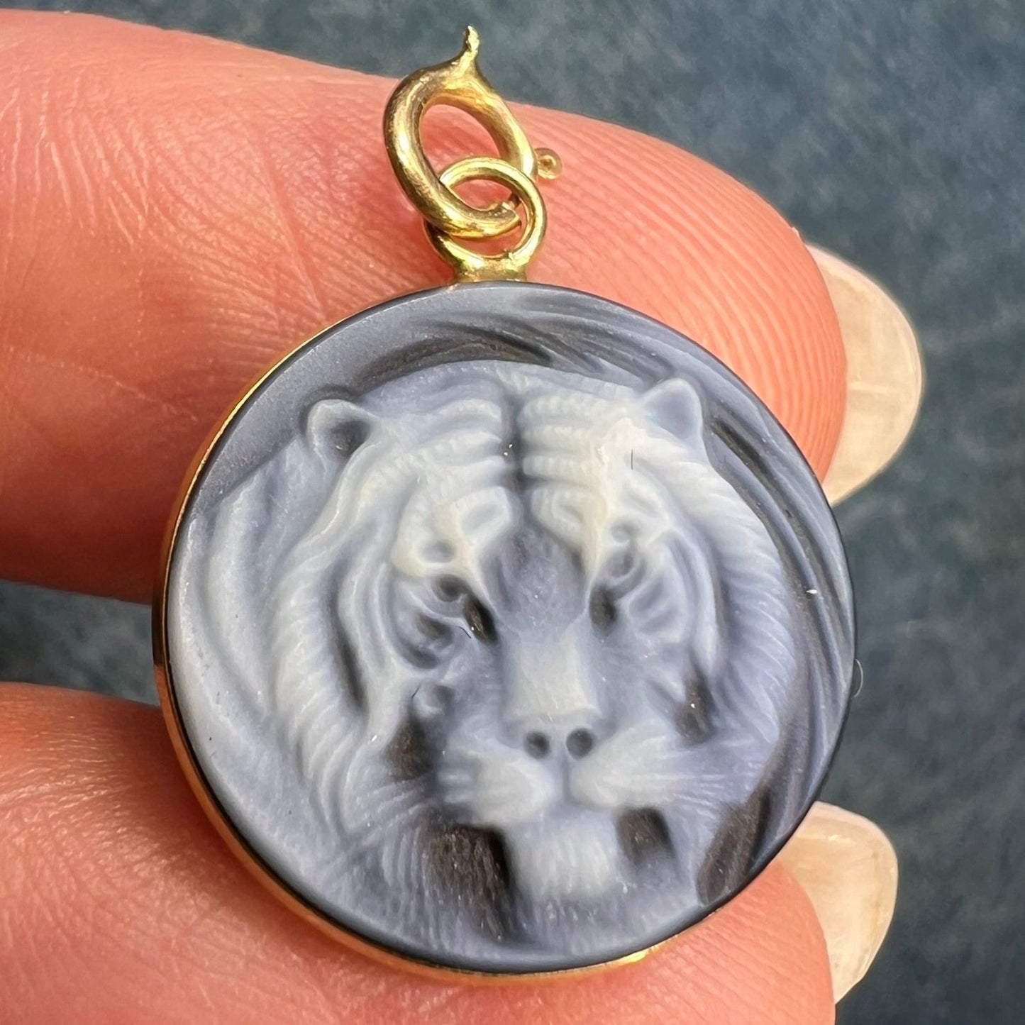 14k Yellow Gold Cameo Pendant Siberian White Tiger. Carved Blue Agate