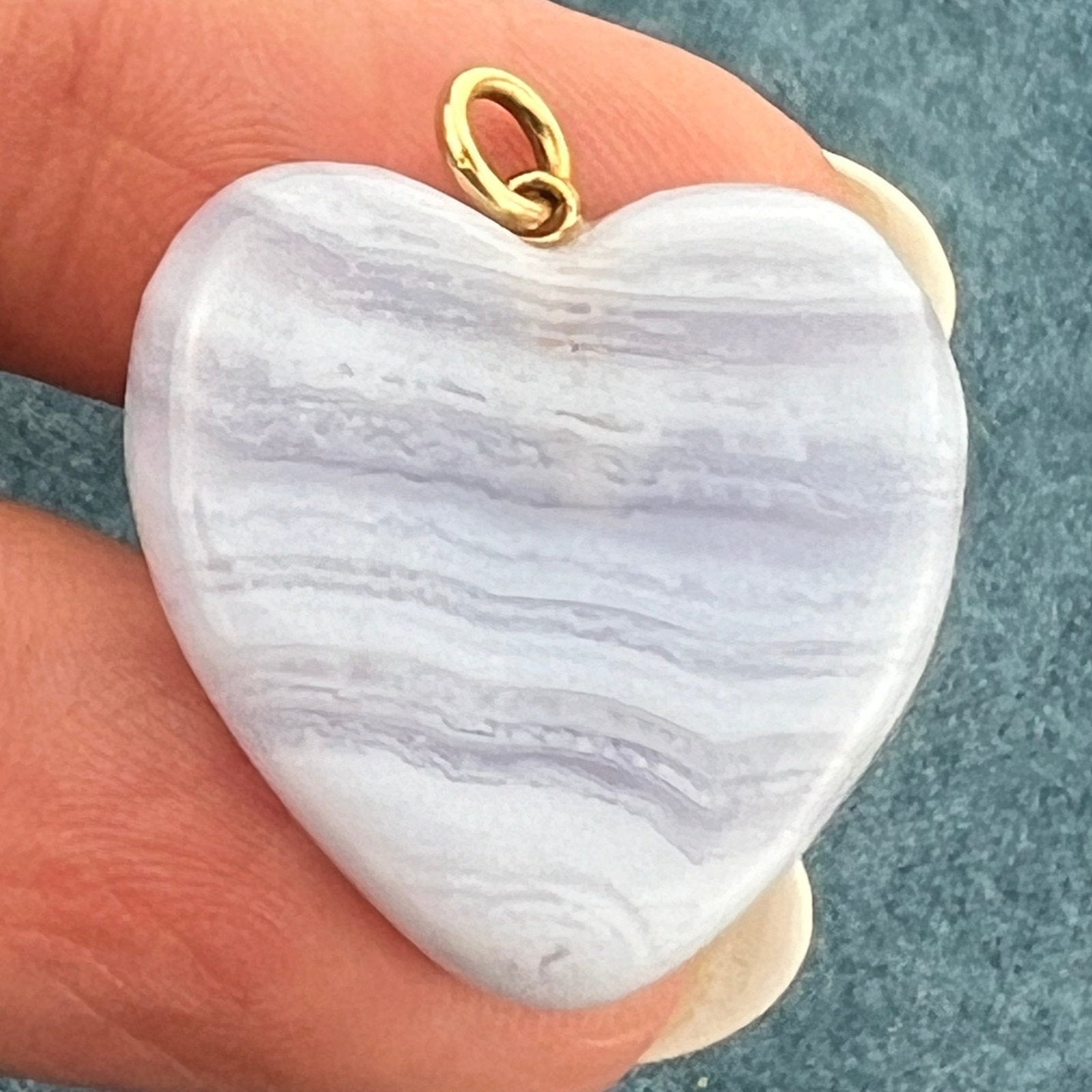 14k Yellow Gold Carved Blue Lace Agate 1" Heart Pendant. Ocean Waves