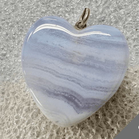 14k Yellow Gold Carved Blue Lace Agate 1" Heart Pendant. Ocean Waves