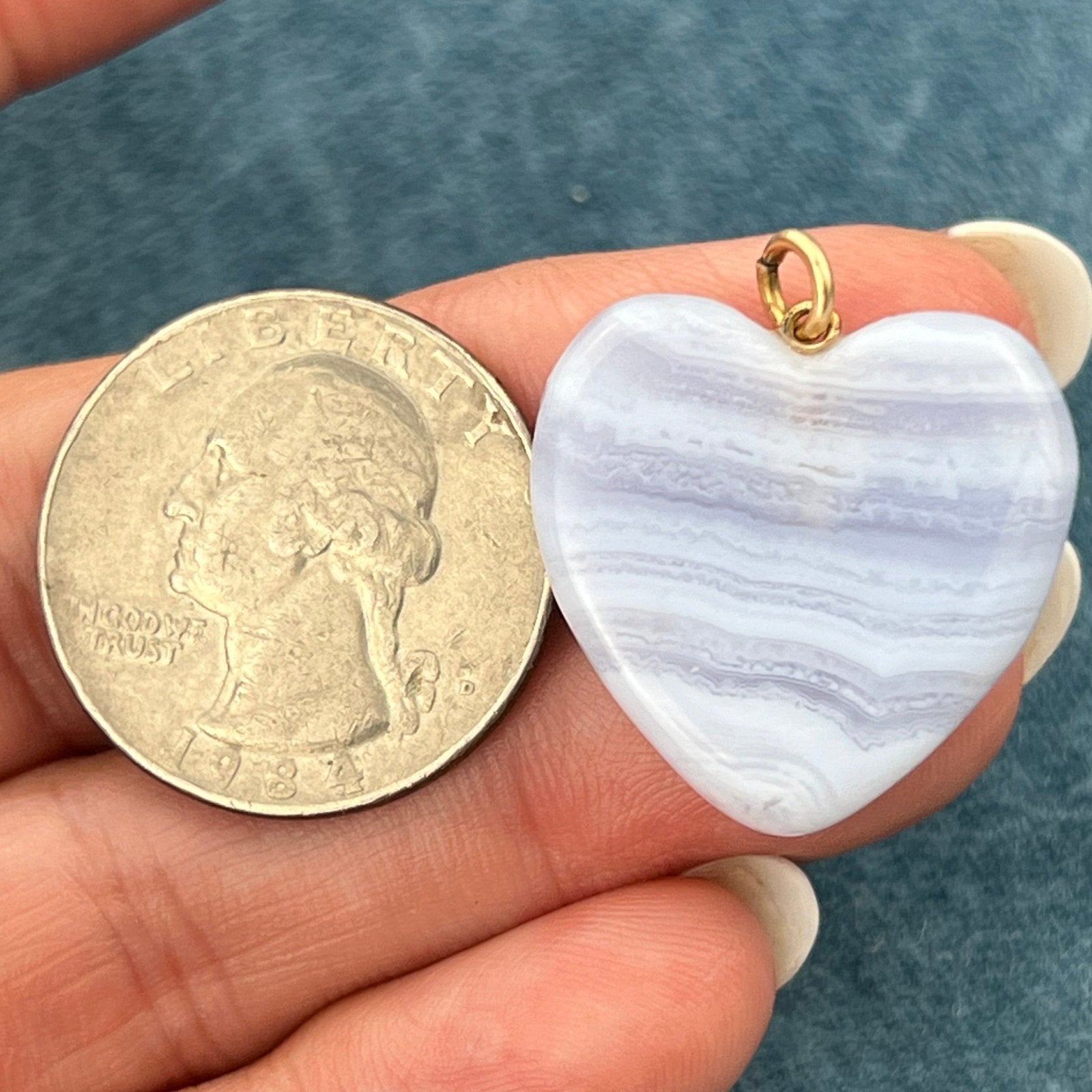 14k Yellow Gold Carved Blue Lace Agate 1" Heart Pendant. Ocean Waves