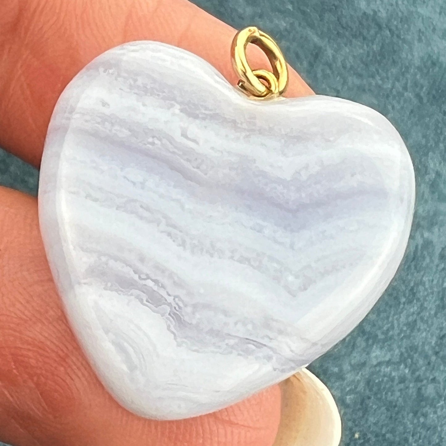 14k Yellow Gold Carved Blue Lace Agate 1" Heart Pendant. Ocean Waves