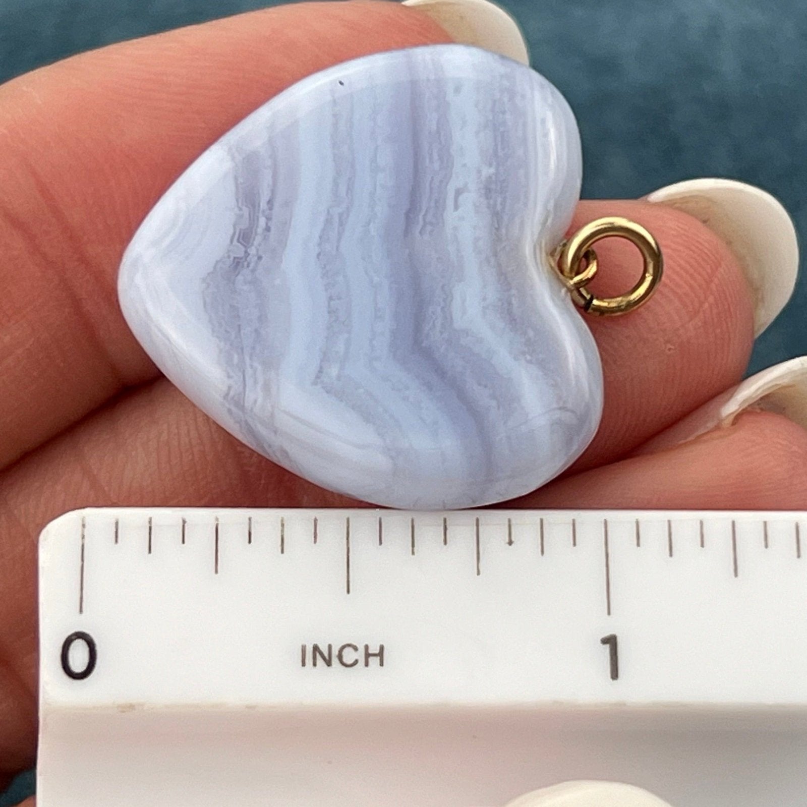 14k Yellow Gold Carved Blue Lace Agate 1" Heart Pendant. Ocean Waves