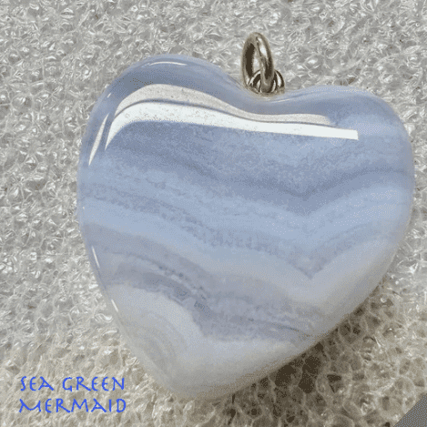 14k Yellow Gold Carved Blue Lace Agate 1" Heart Pendant. Ocean Waves