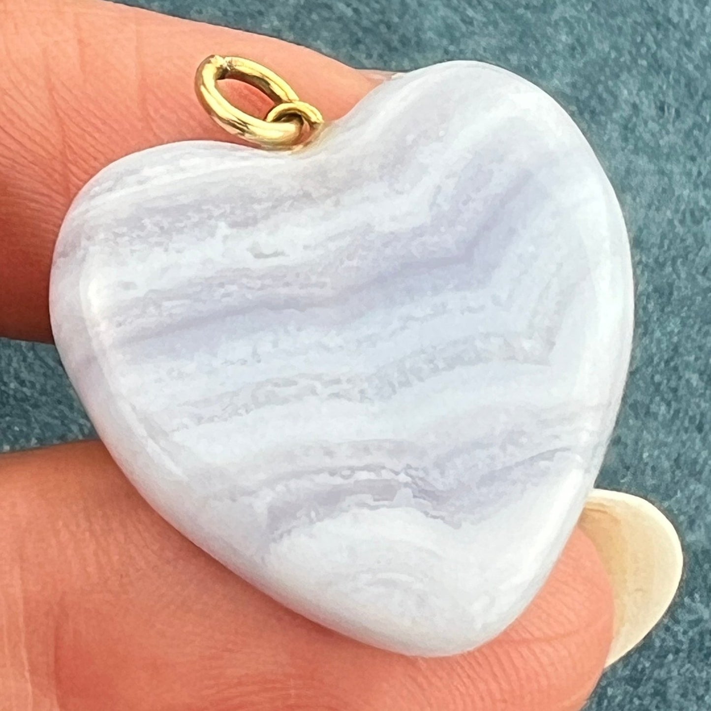 14k Yellow Gold Carved Blue Lace Agate 1" Heart Pendant. Ocean Waves