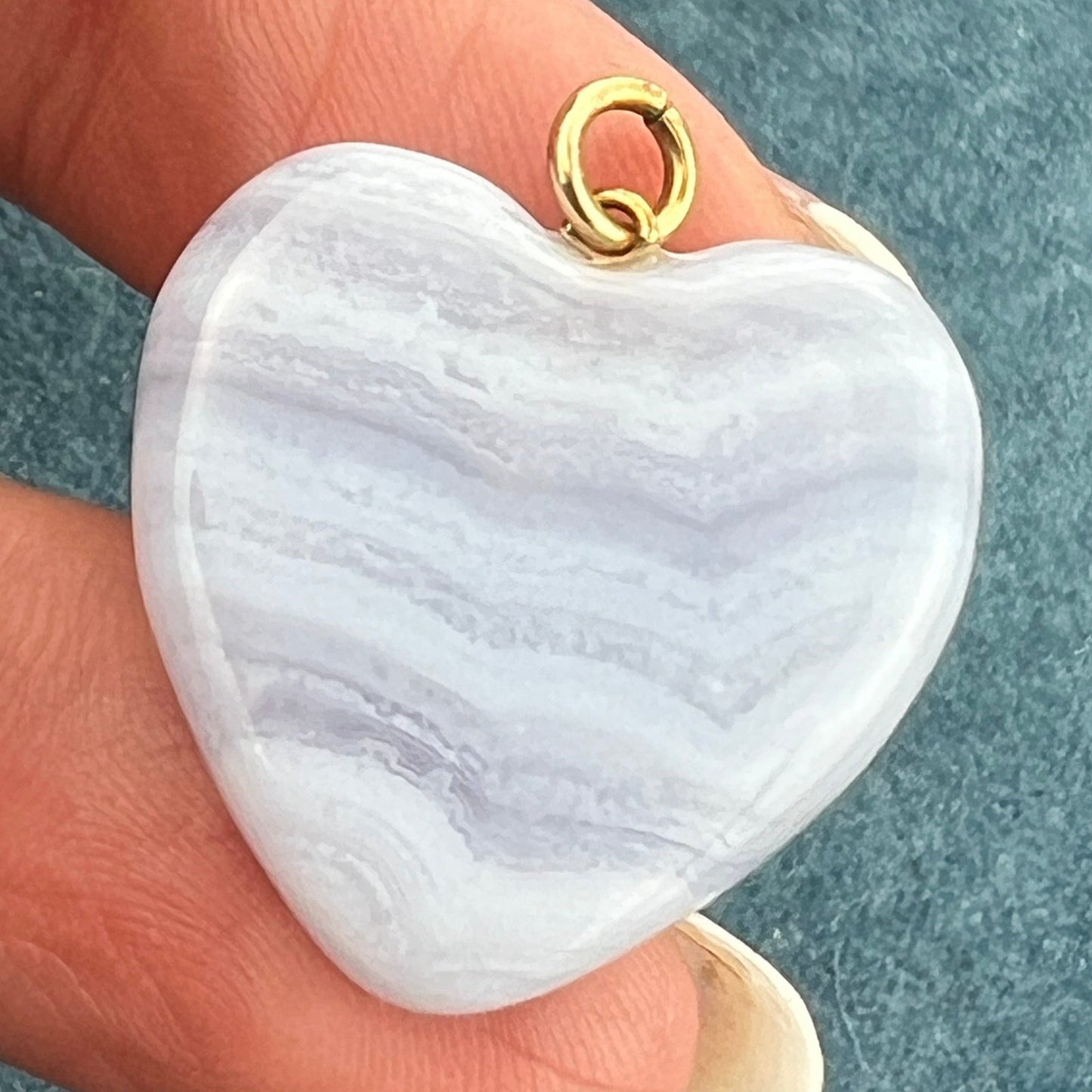 14k Yellow Gold Carved Blue Lace Agate 1" Heart Pendant. Ocean Waves