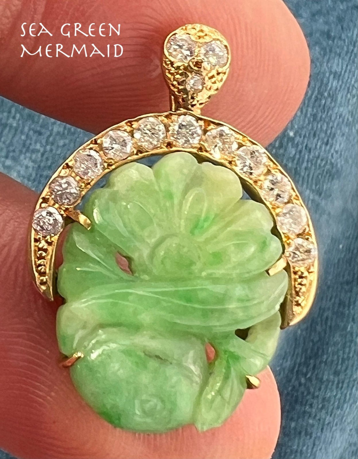 14k Yellow Gold Carved Jade Flower Pendant w Diamond Halo