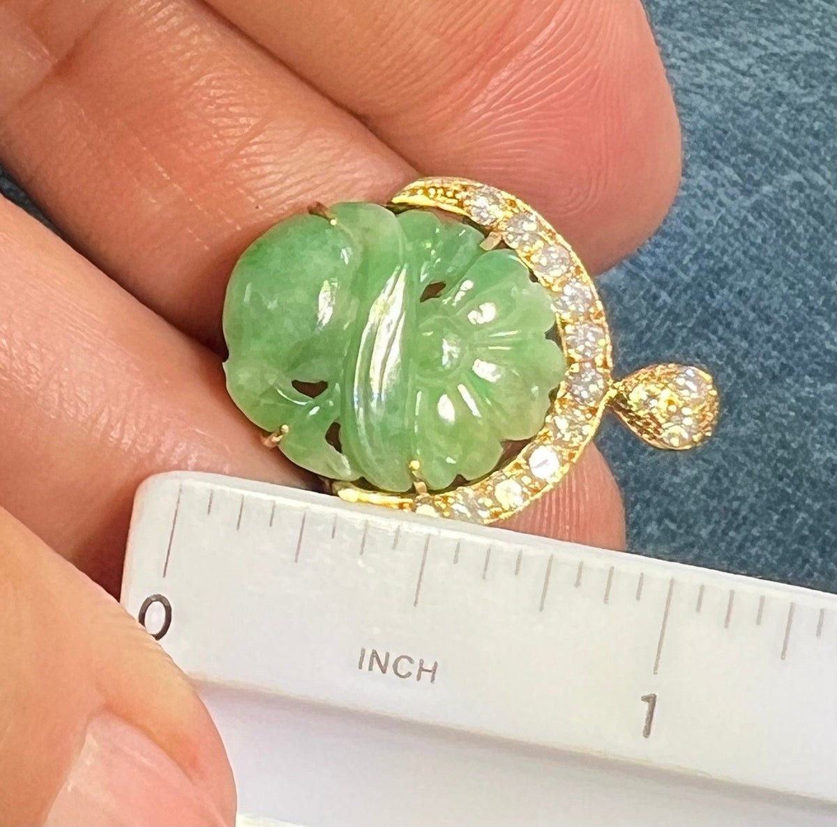 14k Yellow Gold Carved Jade Flower Pendant w Diamond Halo