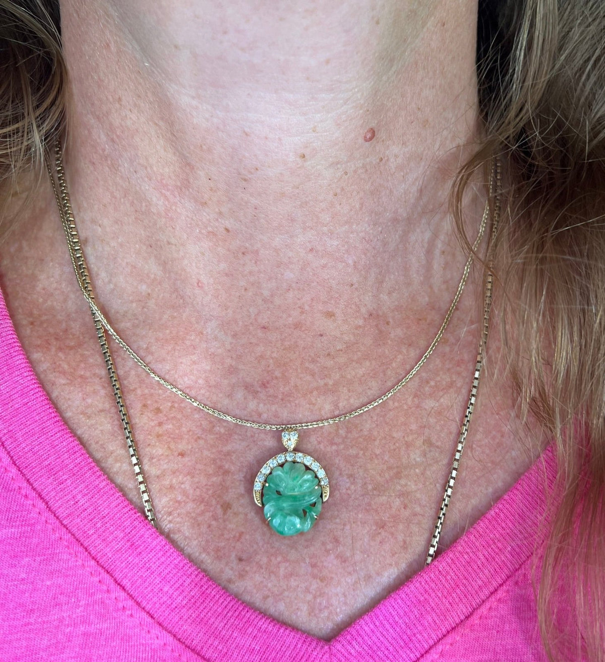 14k Yellow Gold Carved Jade Flower Pendant w Diamond Halo