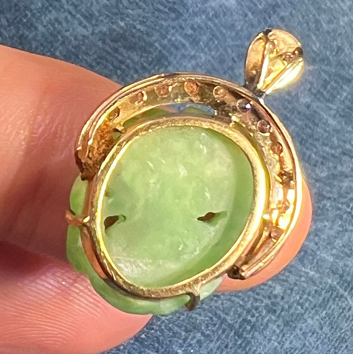 14k Yellow Gold Carved Jade Flower Pendant w Diamond Halo