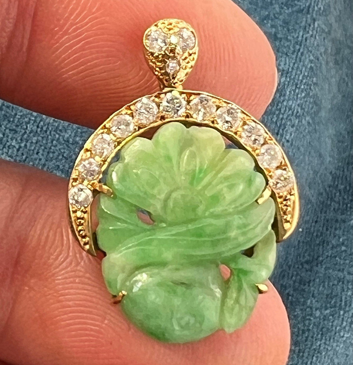 14k Yellow Gold Carved Jade Flower Pendant w Diamond Halo