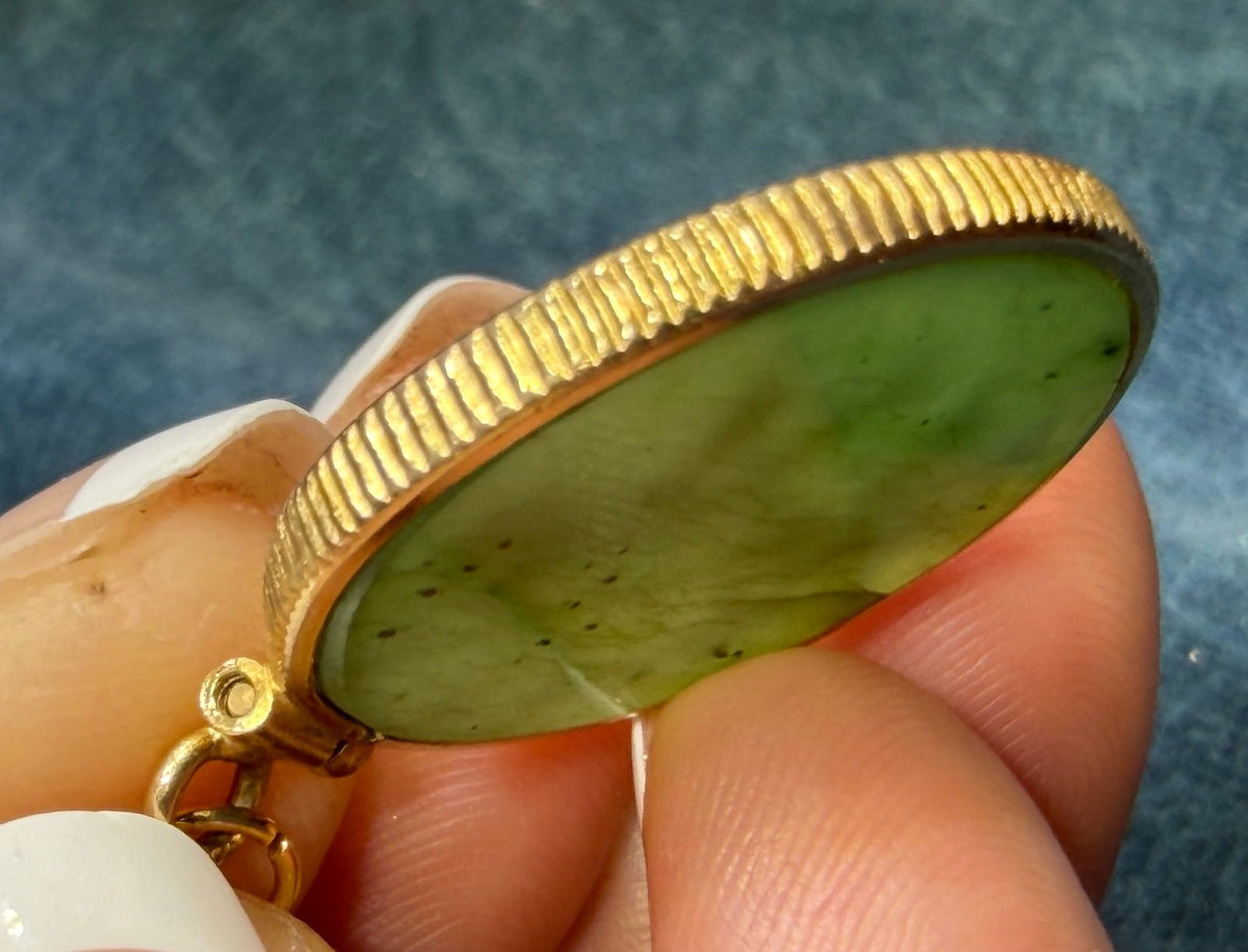 14k Yellow Gold Carved Jade LION Disk Pendant. Astrology LEO Symbol