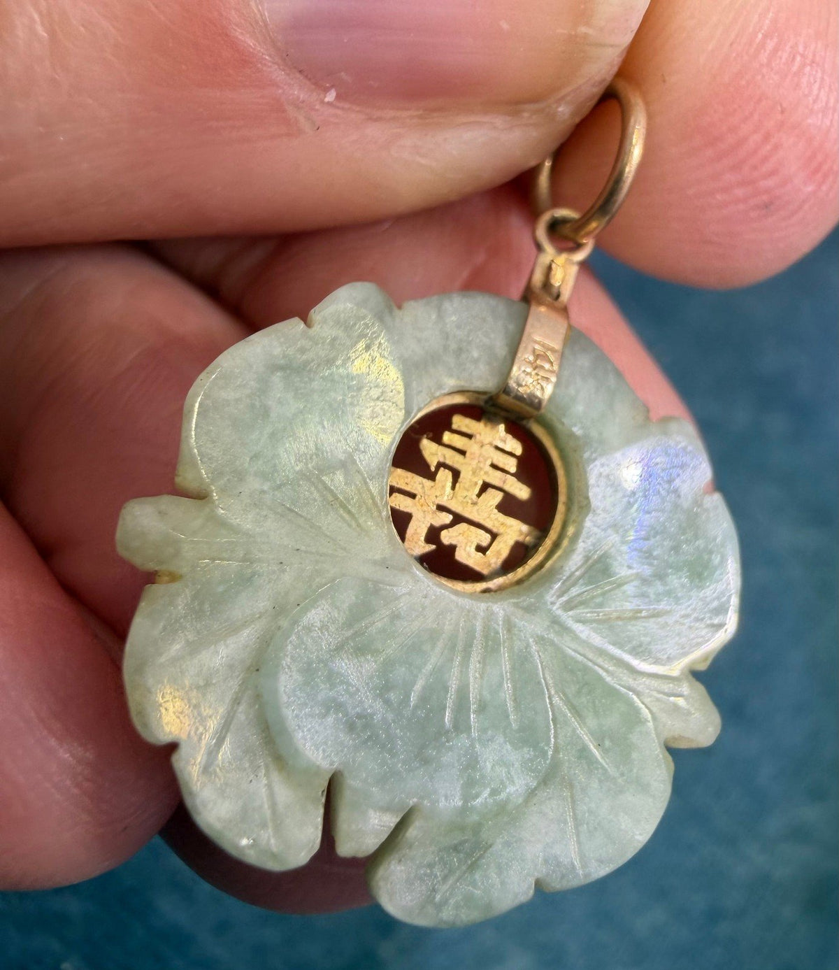 14k Yellow Gold Carved Jade Lotus Blossom Flower Pendant. Longevity