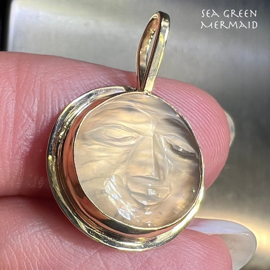 14k Yellow Gold Carved Moonstone Man in the Moon Pendant