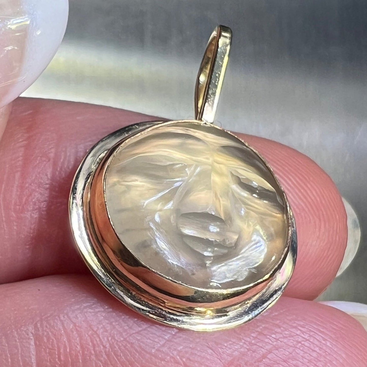 14k Yellow Gold Carved Moonstone Man in the Moon Pendant
