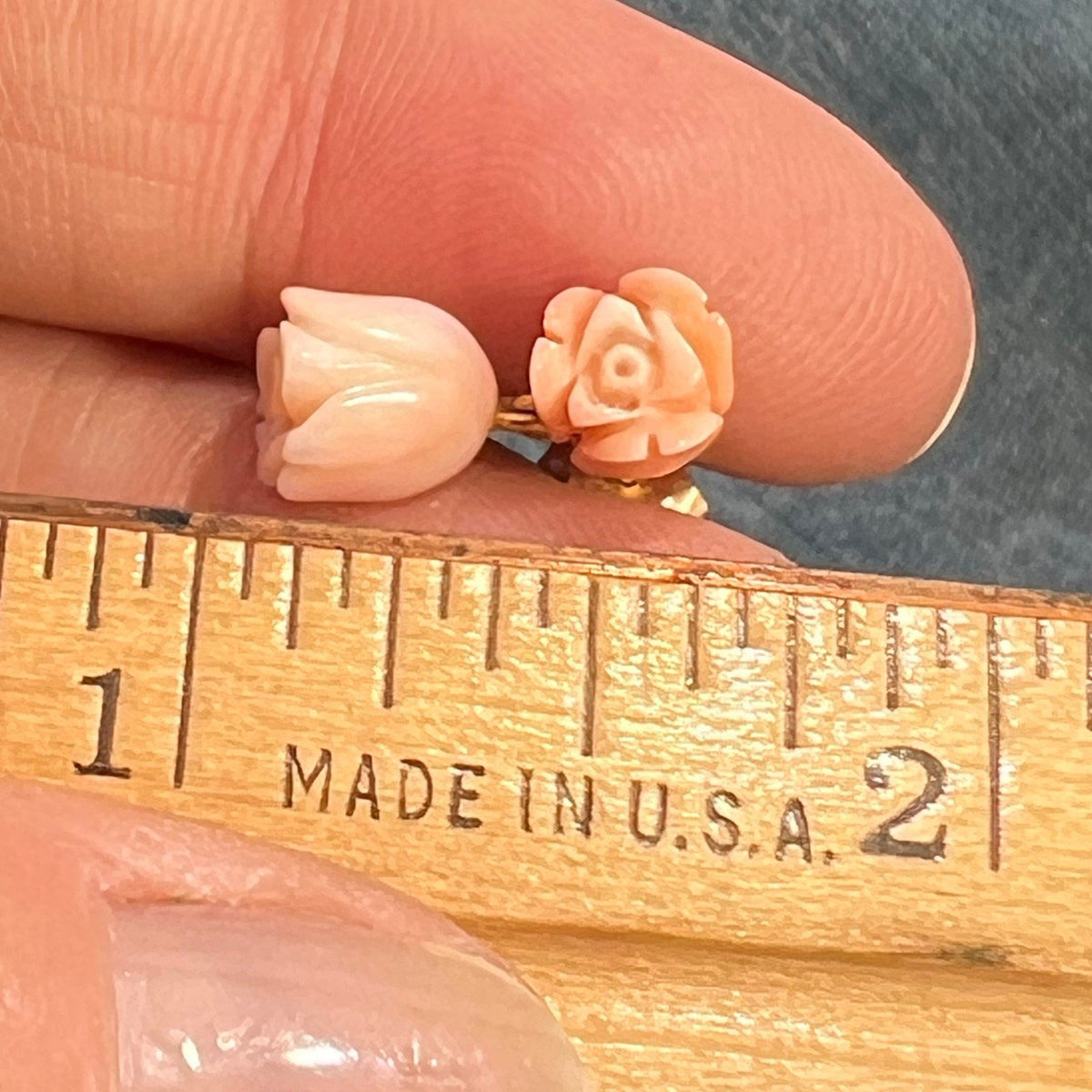 14k Yellow Gold Carved Pink Coral 2 Rosebud Dangle Earrings