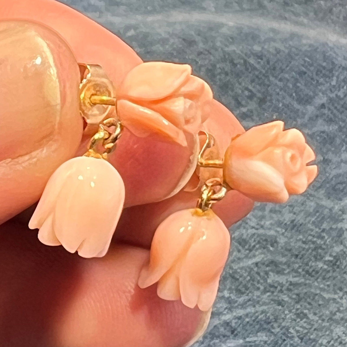 14k Yellow Gold Carved Pink Coral 2 Rosebud Dangle Earrings