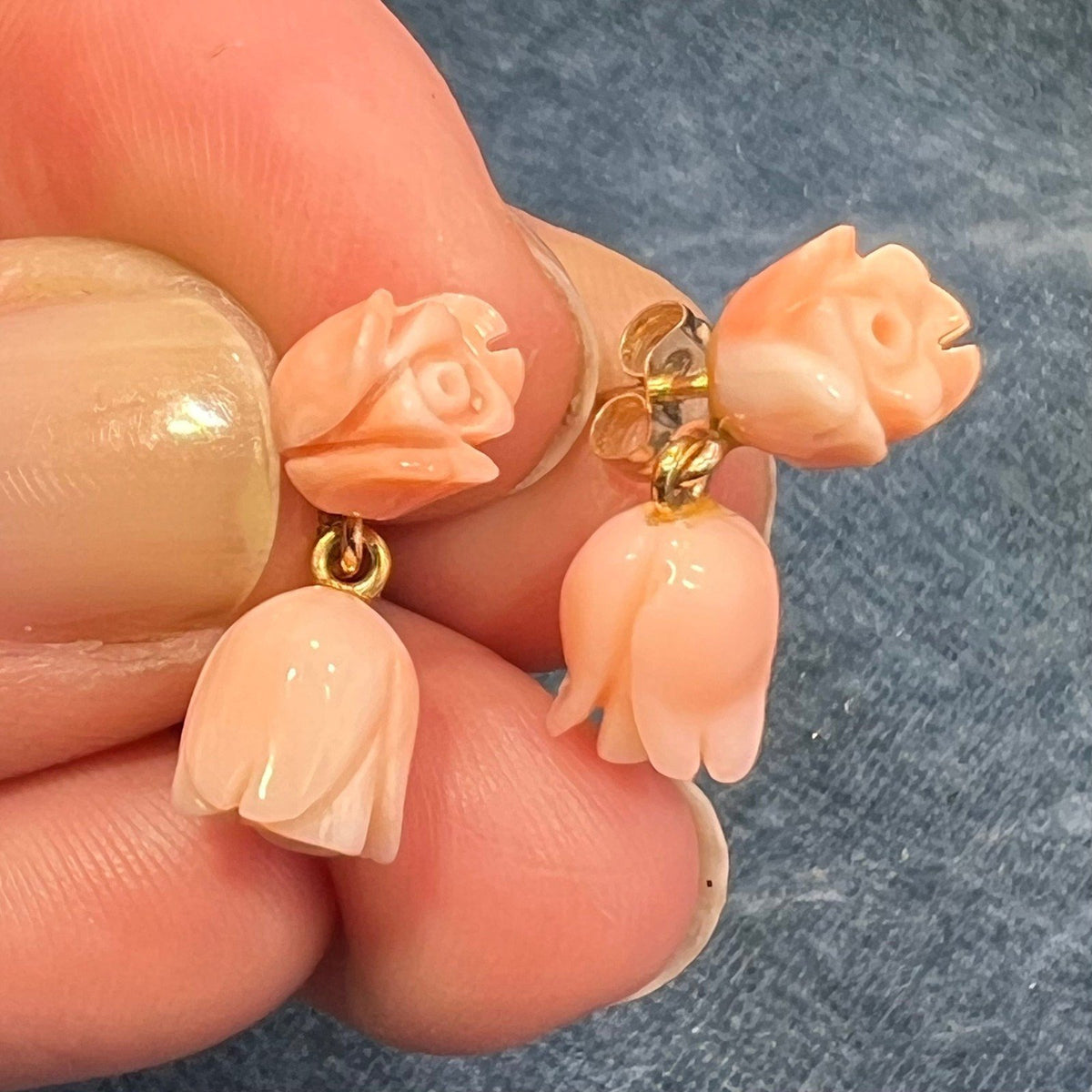 14k Yellow Gold Carved Pink Coral 2 Rosebud Dangle Earrings