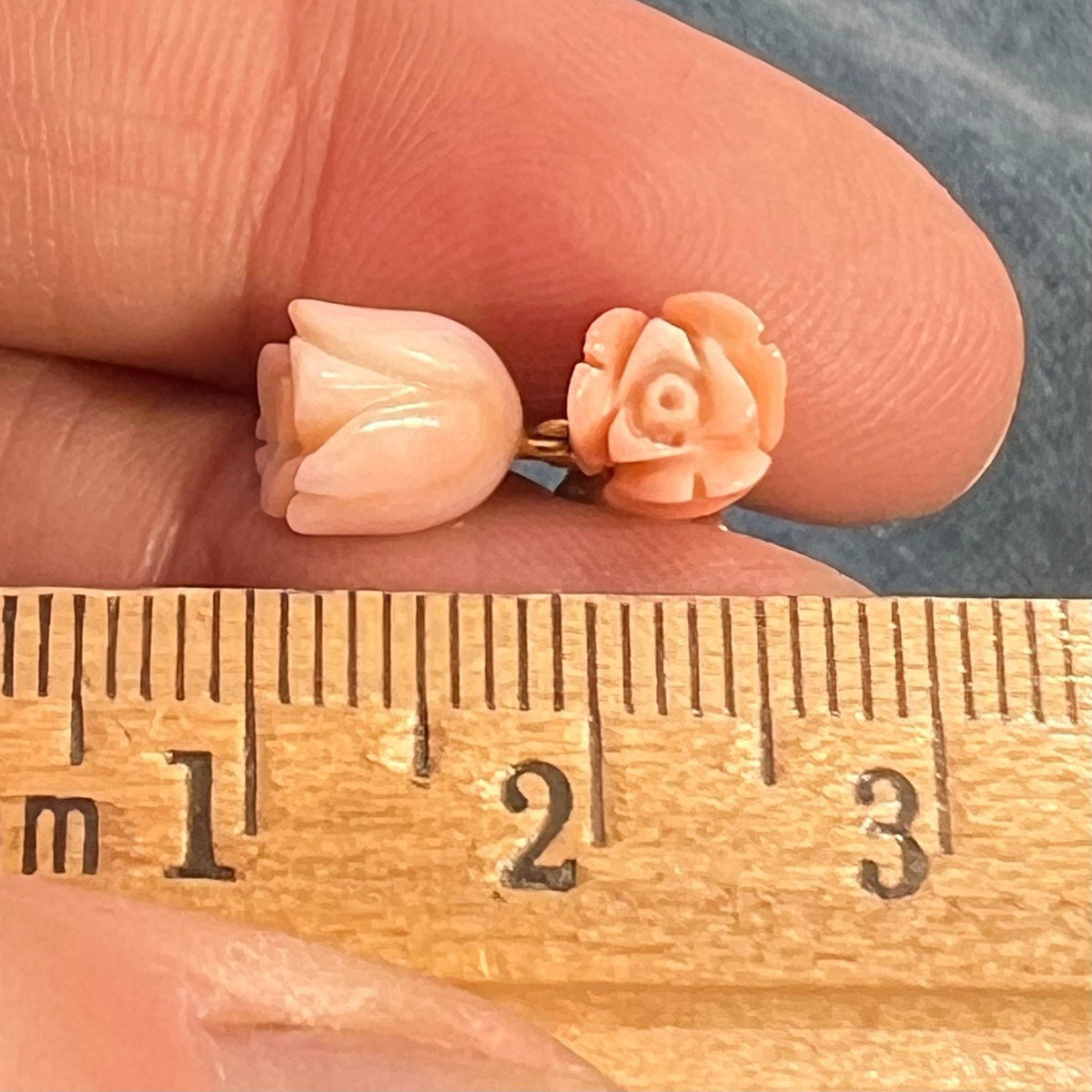 14k Yellow Gold Carved Pink Coral 2 Rosebud Dangle Earrings