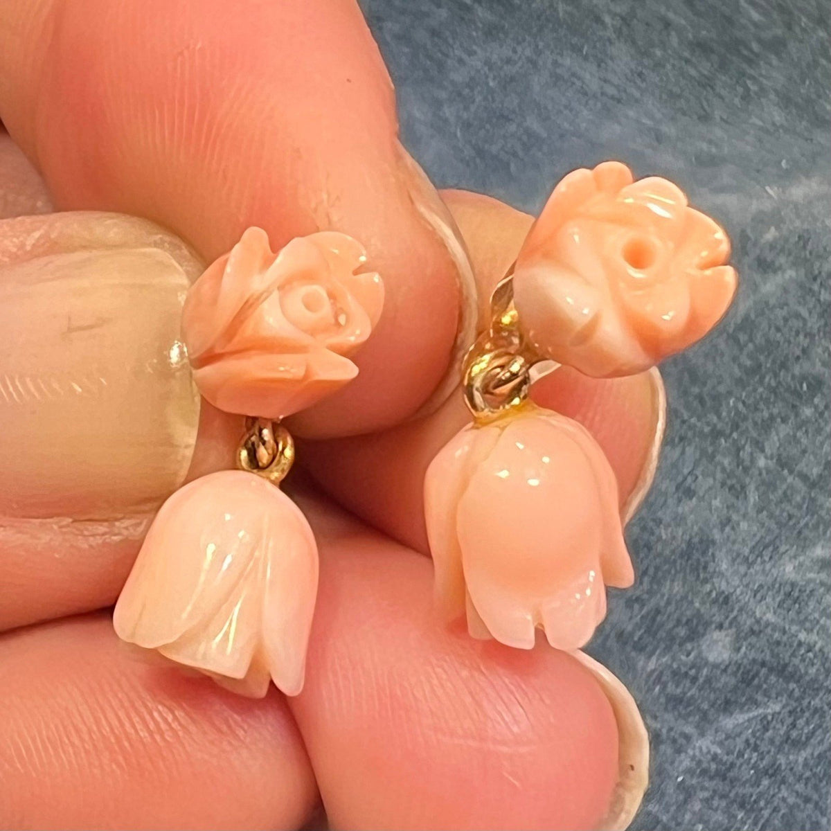 14k Yellow Gold Carved Pink Coral 2 Rosebud Dangle Earrings
