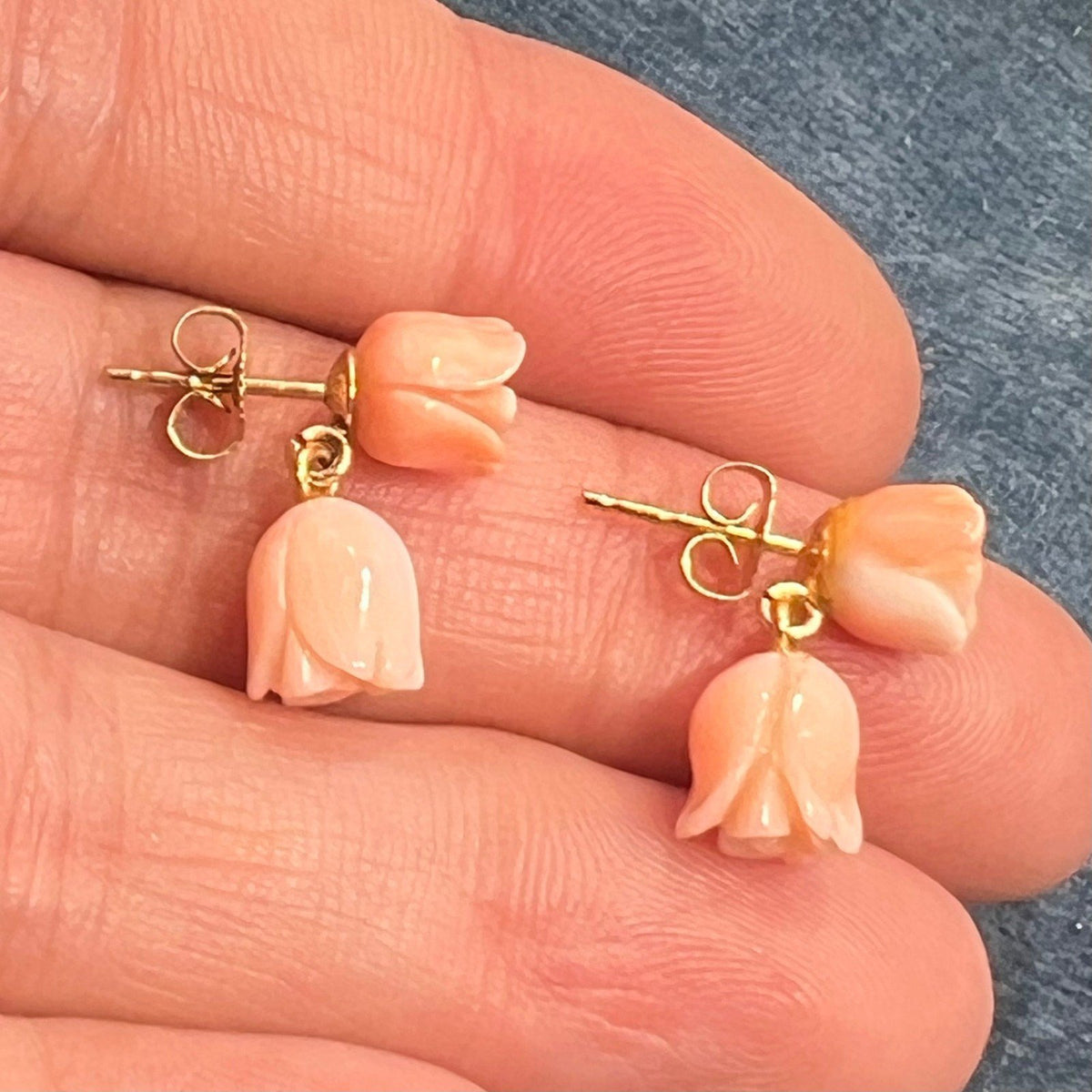 14k Yellow Gold Carved Pink Coral 2 Rosebud Dangle Earrings