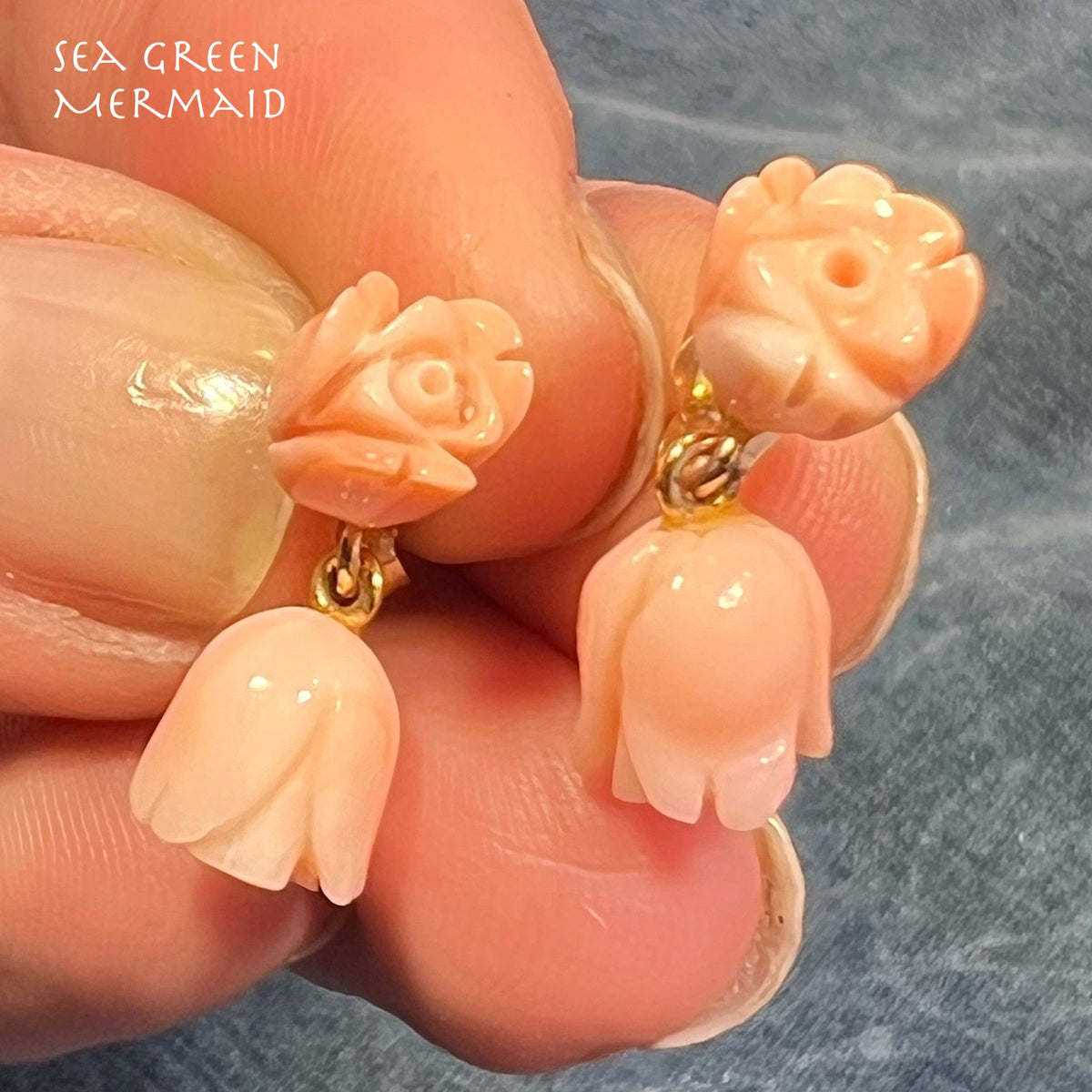 14k Yellow Gold Carved Pink Coral 2 Rosebud Dangle Earrings
