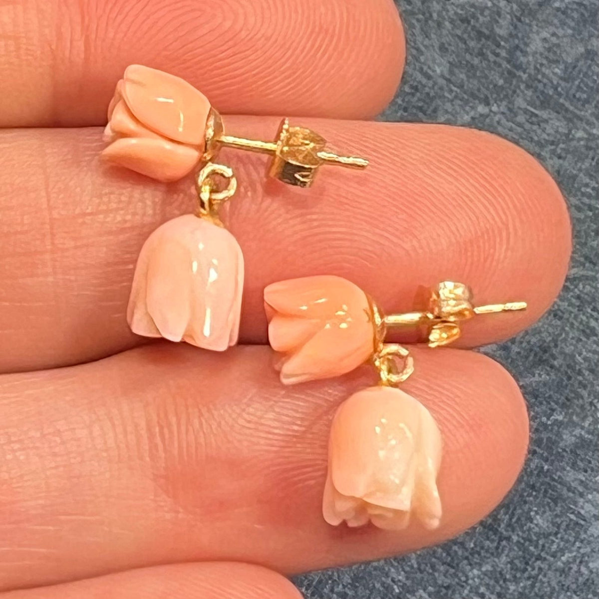 14k Yellow Gold Carved Pink Coral 2 Rosebud Dangle Earrings