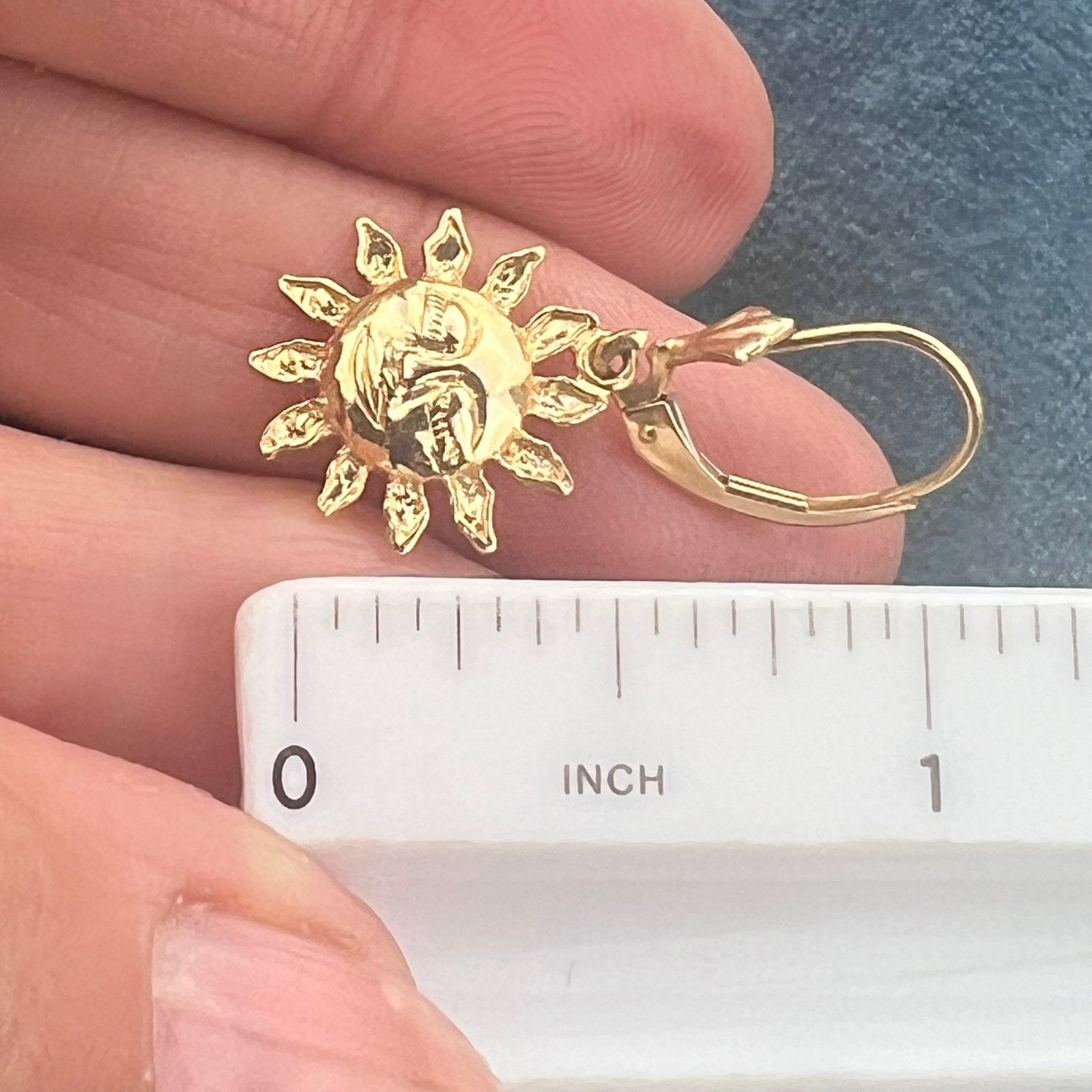 14k Yellow Gold Carved Sleepy Sun Face Dangle Hoop Earrings