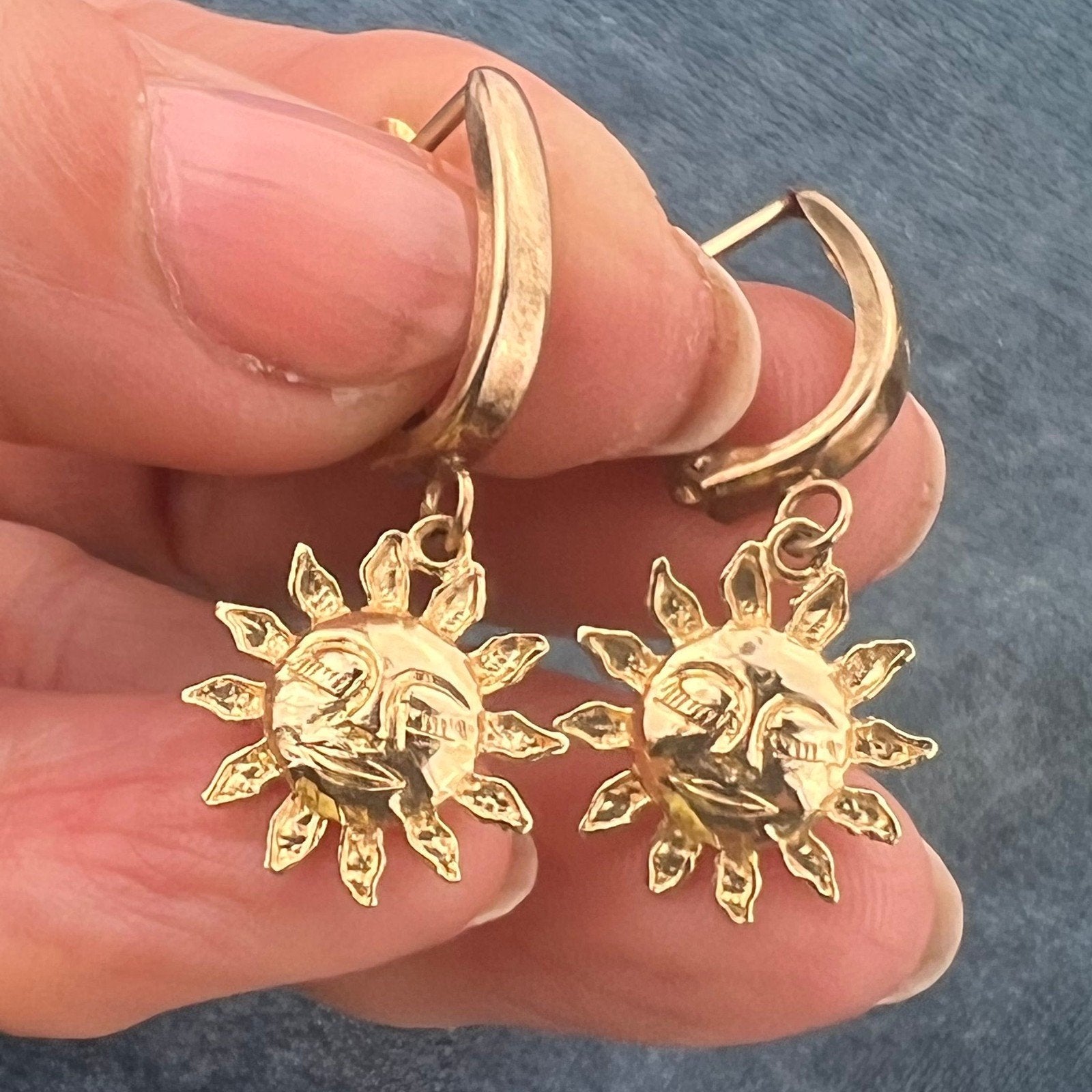 14k Yellow Gold Carved Sleepy Sun Face Dangle Hoop Earrings