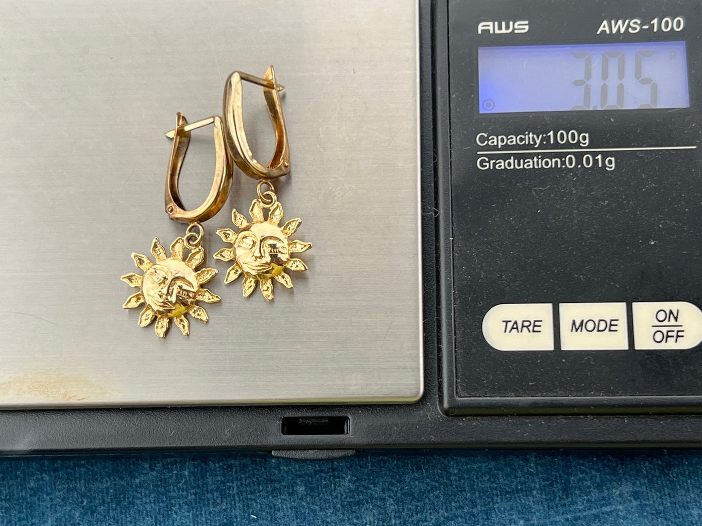 14k Yellow Gold Carved Sleepy Sun Face Dangle Hoop Earrings